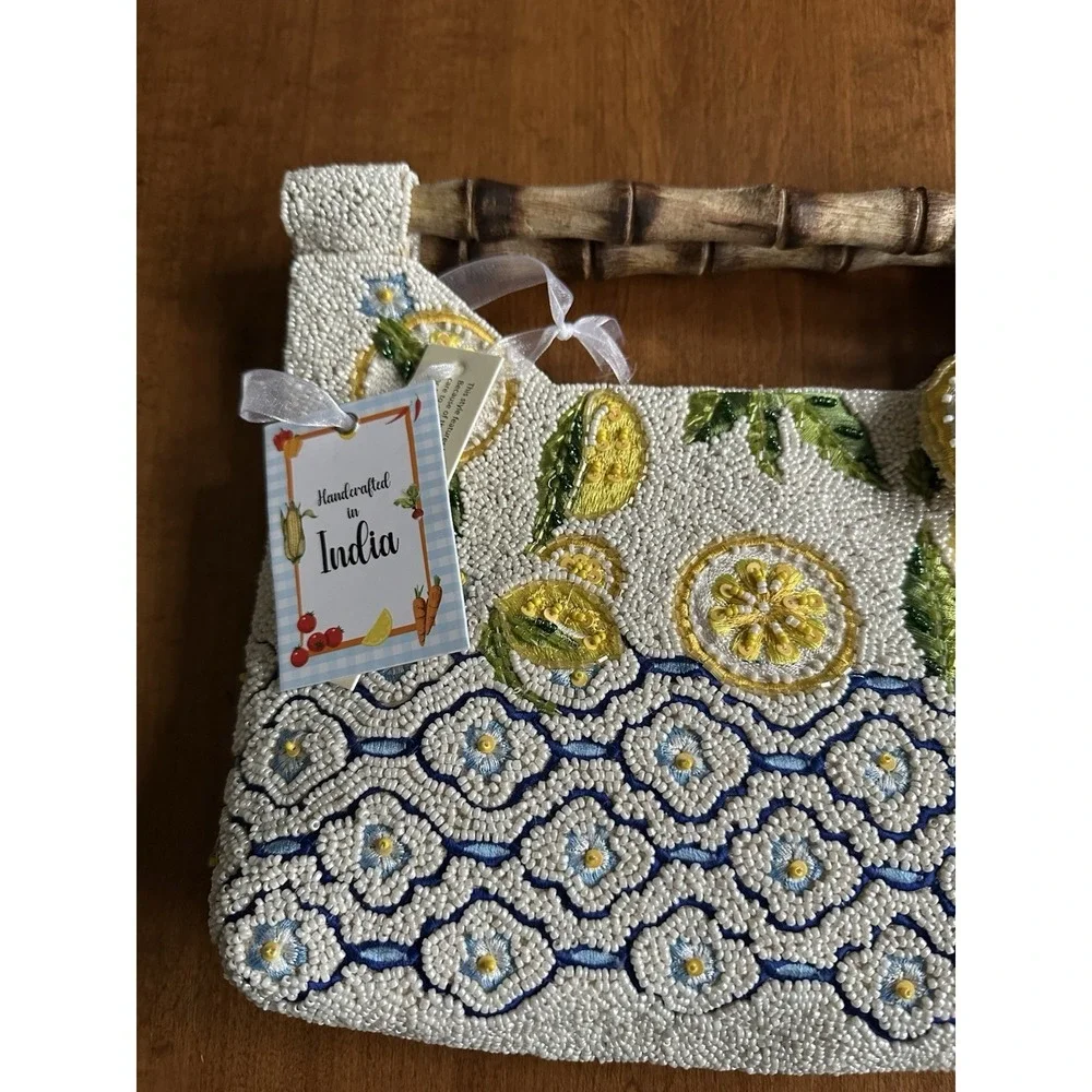 Handmade Beaded Lemon Riviera Bamboo Handle Purse Coastal Bag Charm Amalfi NWT